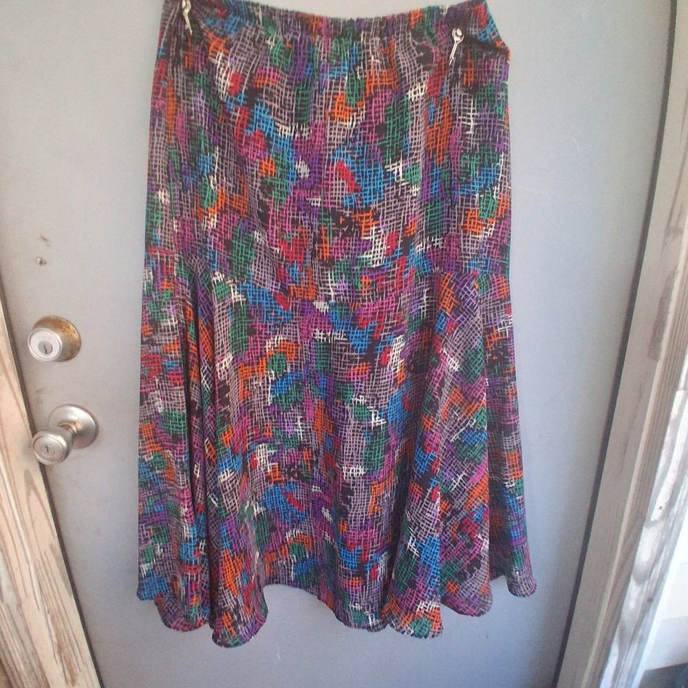 Vtg 80s Union Made ILGWU Abstract Grid Print Midi Skirt Rainbow Vapor Wave USA